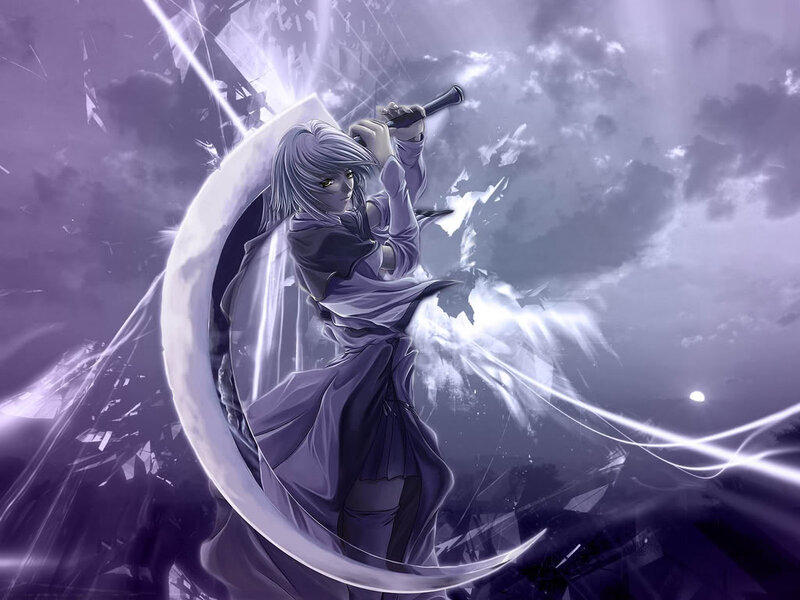 Anime Character with Sword — Purple, Dramatic, Manga, Clouds
