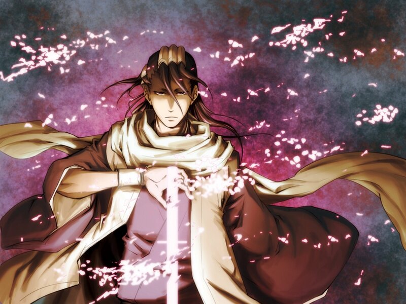 Anime Character with Sword — Purple, Dramatic, Manga, Scarf, Cherry Blossoms