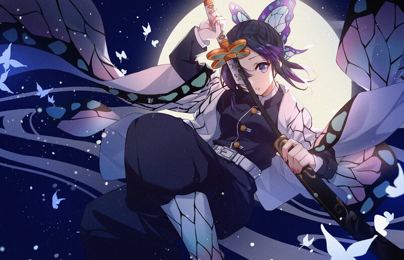 Anime Character with Sword — Purple, Dramatic, Night, Butterfly Wings
