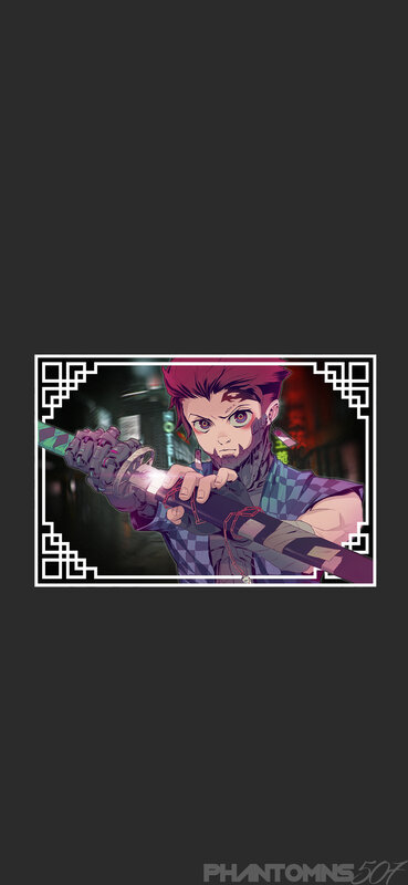 Anime Character with Sword — Purple, Dramatic, Night, Checkered Shirt
