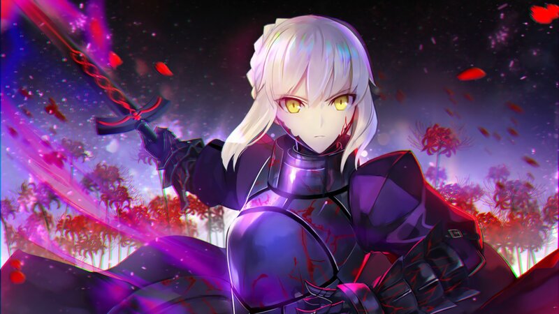 Anime Character with Sword — Purple, Dramatic, Night, Digital Art, Armor, Flowers