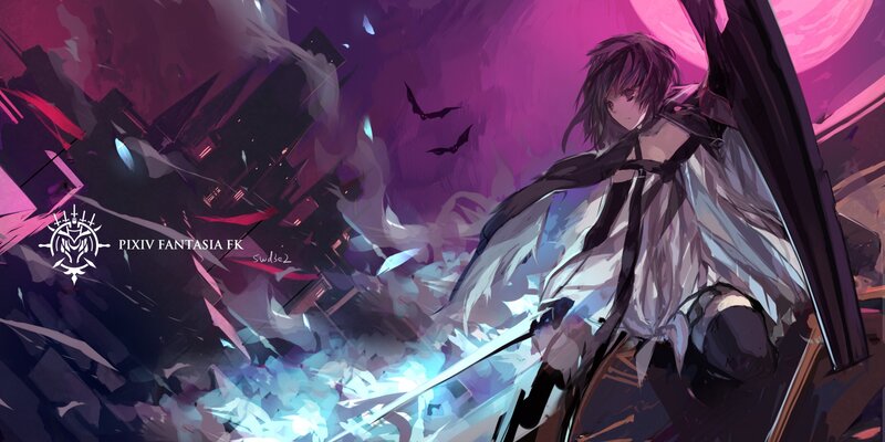 Anime Character with Sword — Purple, Dramatic, Night, Digital Art, Bats