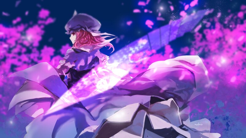 Anime Character with Sword — Purple, Dramatic, Night, Digital Art, Cherry Blossoms