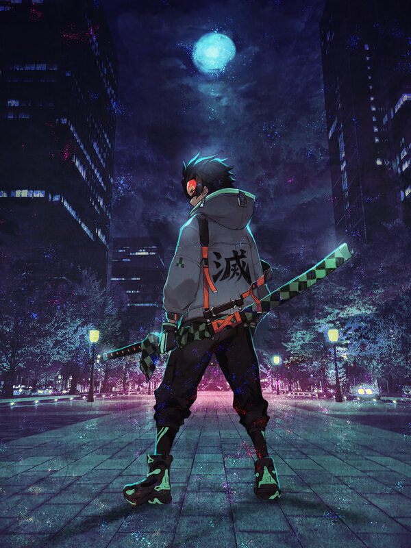 Anime Character with Sword — Purple, Dramatic, Night, Digital Art, City Street