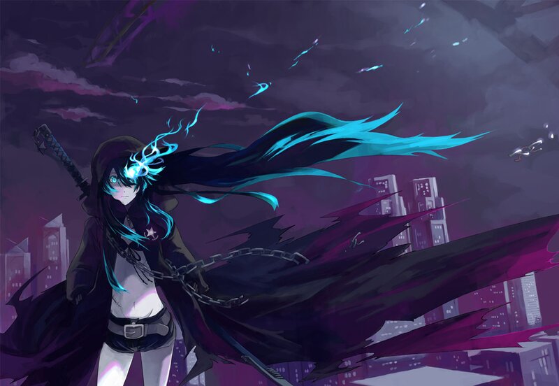 Anime Character with Sword — Purple, Dramatic, Night, Digital Art, Cityscape
