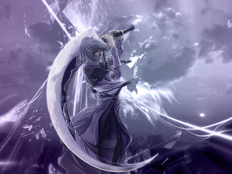 Anime Character with Sword — Purple, Dramatic, Night, Digital Art, Clouds