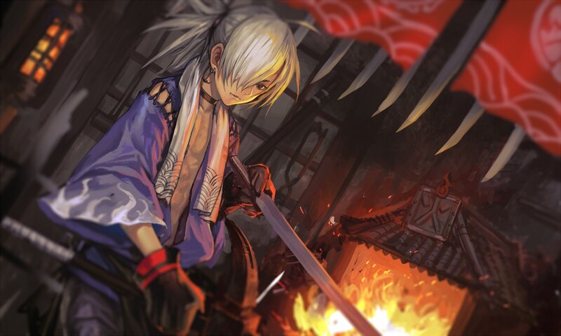 Anime Character with Sword — Purple, Dramatic, Night, Digital Art, Fire
