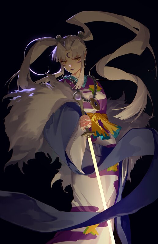 Anime Character with Sword — Purple, Dramatic, Night, Digital Art, Fur Cloak