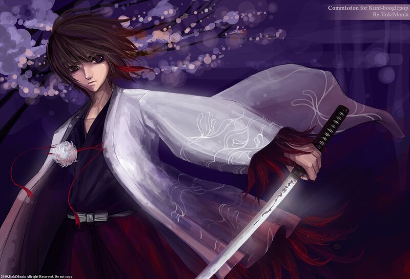 Anime Character with Sword — Purple, Dramatic, Night, Digital Art, Kimono