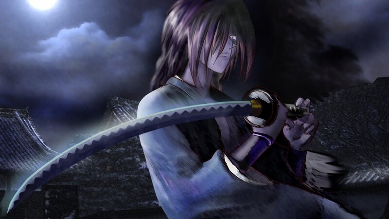 Anime Character with Sword — Purple, Dramatic, Night, Digital Art, Moon, Clouds