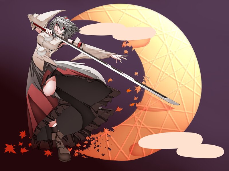 Anime Character with Sword — Purple, Dramatic, Night, Digital Art, Moon, Maple Leaves