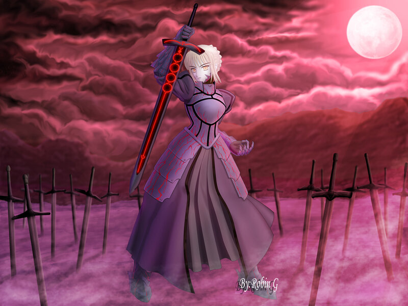 Anime Character with Sword — Purple, Dramatic, Night, Digital Art, Moon