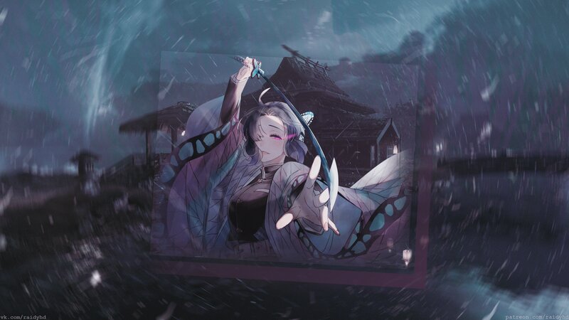 Anime Character with Sword — Purple, Dramatic, Night, Digital Art, Rain