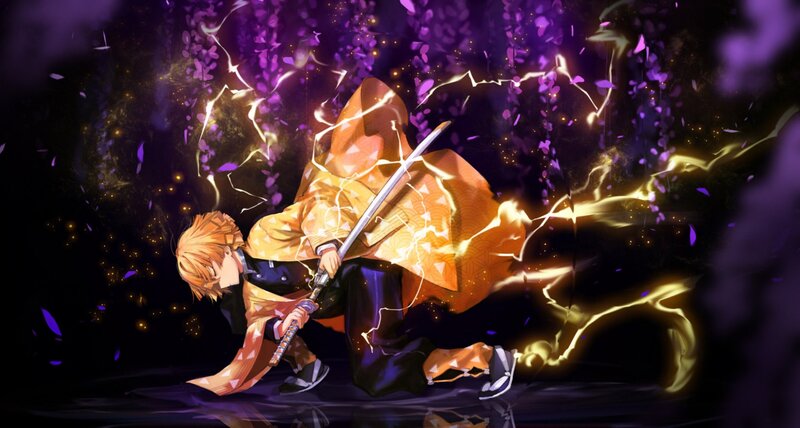 Anime Character with Sword — Purple, Dramatic, Night, Digital Art, Wisteria Flowers