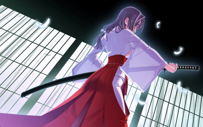 Anime Character with Sword — Purple, Dramatic, Night, Feather