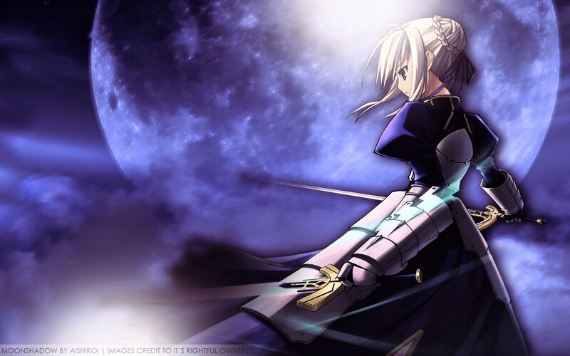 Anime Character with Sword — Purple, Dramatic, Night, Moon, Armor