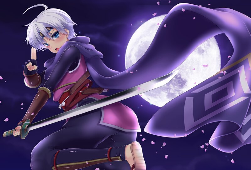 Anime Character with Sword — Purple, Dramatic, Night, Moon, Cherry Blossoms