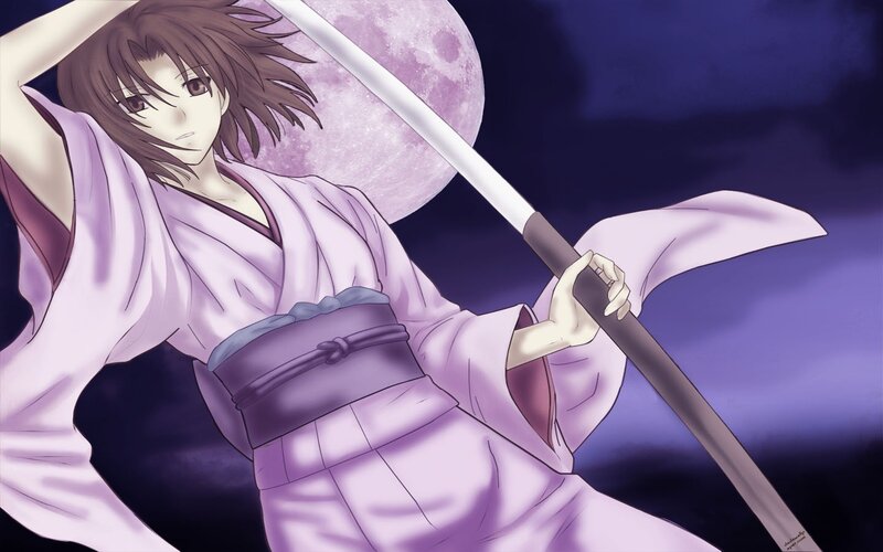 Anime Character with Sword — Purple, Dramatic, Night, Moon