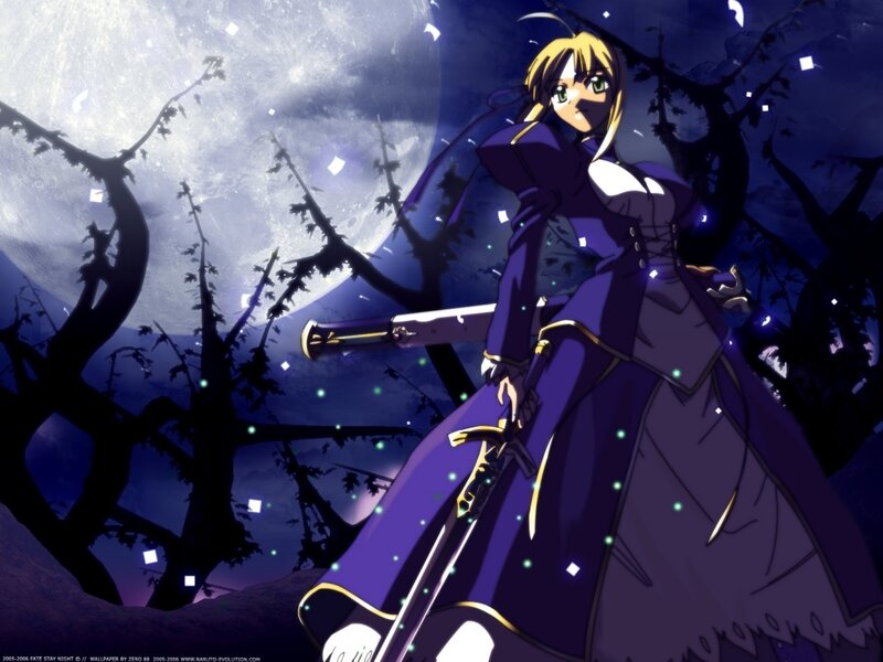 Anime Character with Sword — Purple, Dramatic, Night, Moon, Trees