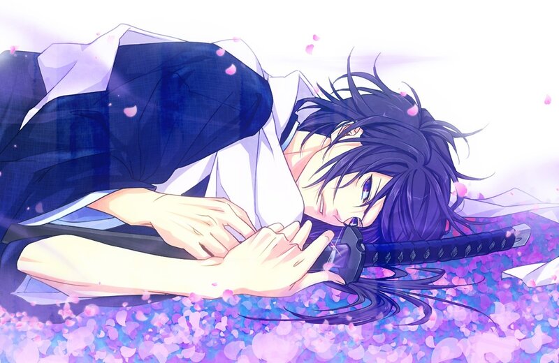 Anime Character with Sword — Purple, Dramatic, Spring, Cherry Blossoms