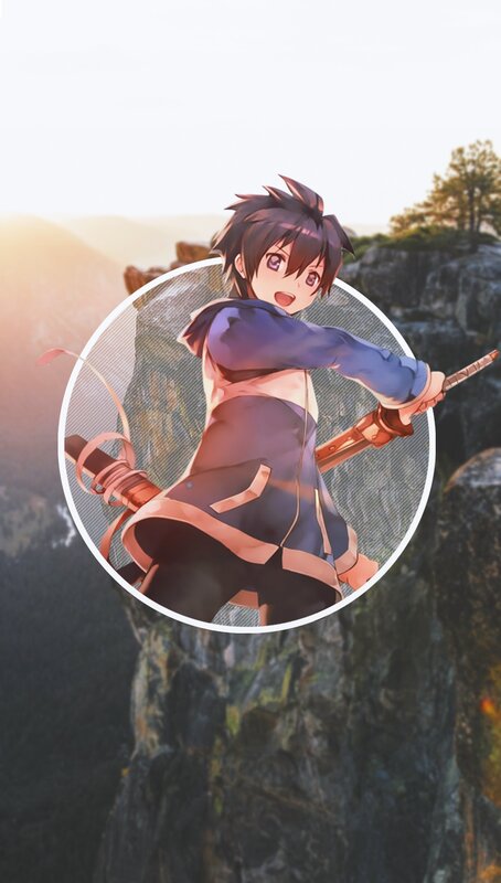 Anime Character with Sword — Purple, Dramatic, Sunrise, Mountain