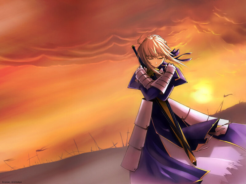 Anime Character with Sword — Purple, Dramatic, Sunset, Armor
