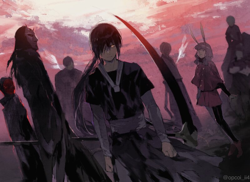 Anime Character with Sword — Purple, Dramatic, Sunset, Digital Art, Group of People