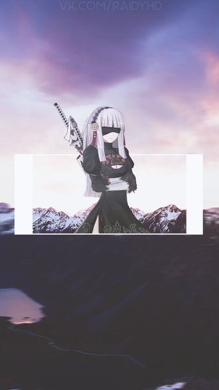 Anime Character with Sword — Purple, Dramatic, Sunset, Digital Art, Mountains, Skies