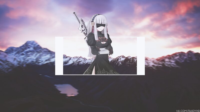 Anime Character with Sword — Purple, Dramatic, Sunset, Digital Art, Mountains