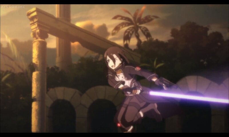 Anime Character with Sword — Purple, Dramatic, Sunset, Palm Tree