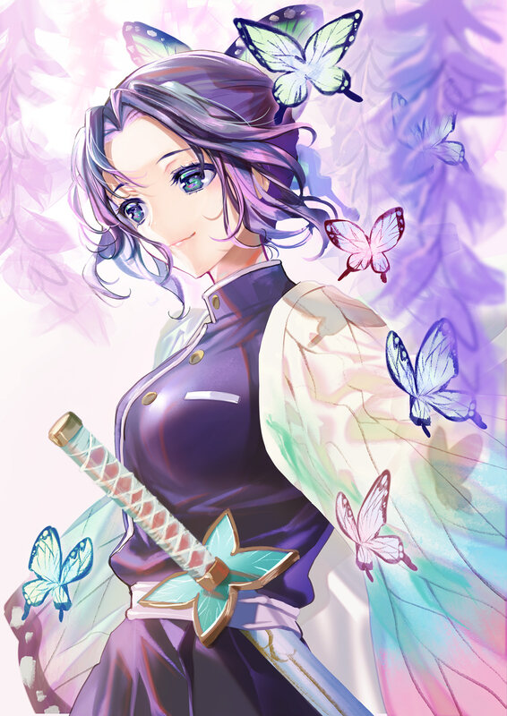 Anime Character with Sword — Purple, Serene, Digital Art, Butterflies