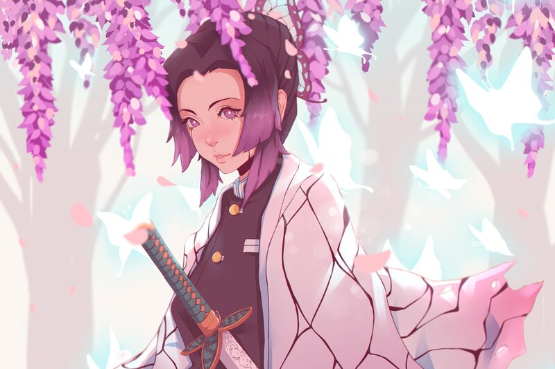 Anime Character with Sword — Purple, Serene, Spring, Digital Art