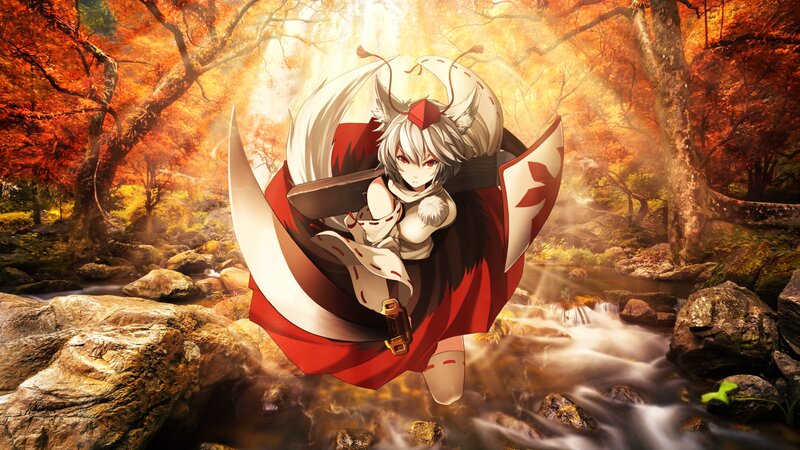 Anime Character with Sword — Red, Dramatic, Autumn, Digital Art, Forest