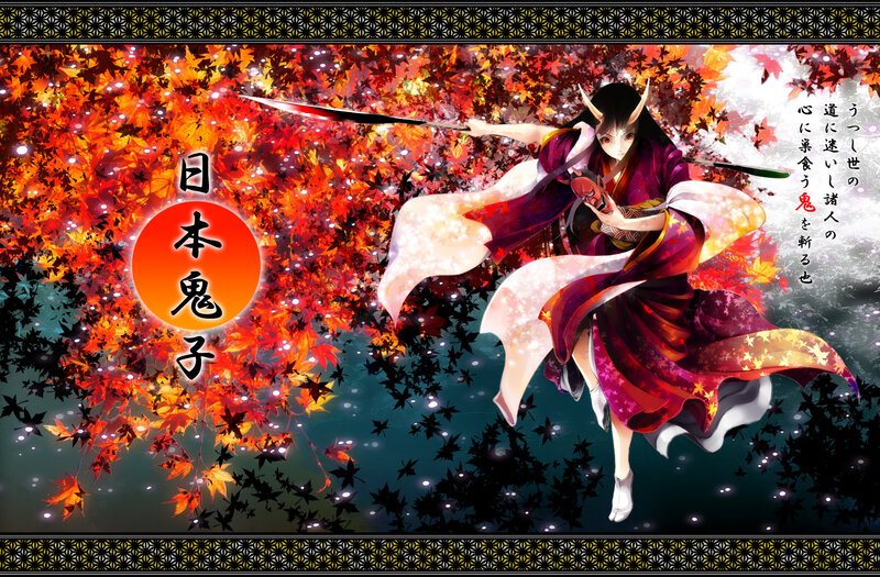 Anime Character with Sword — Red, Dramatic, Autumn, Digital Art, Maple Leaves