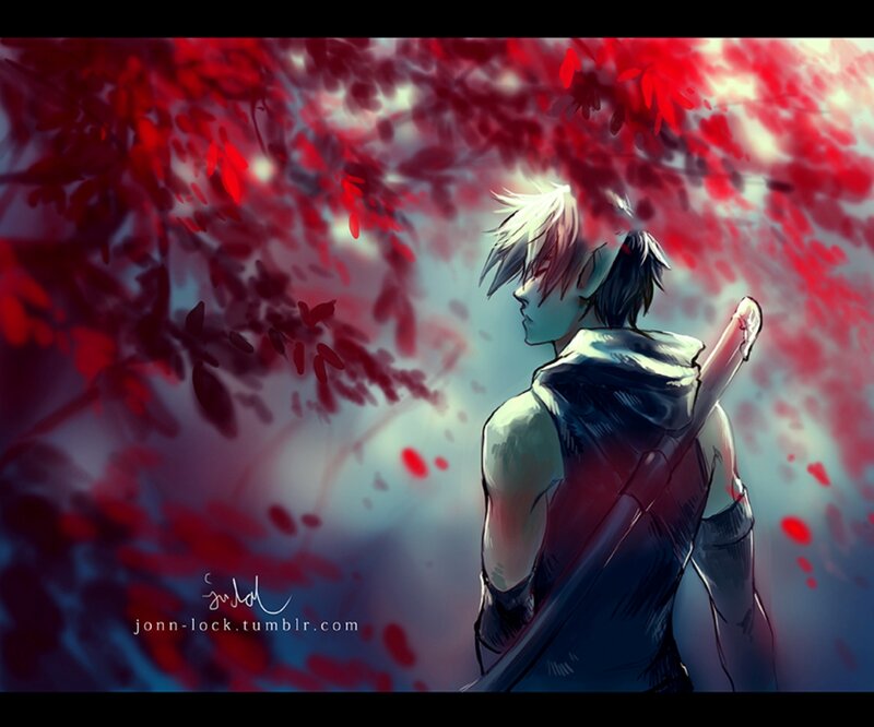 Anime Character with Sword — Red, Dramatic, Autumn, Digital Art, Red Leaves