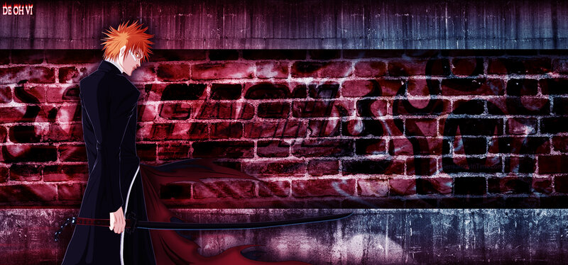 Anime Character with Sword — Red, Dramatic, Brick Wall