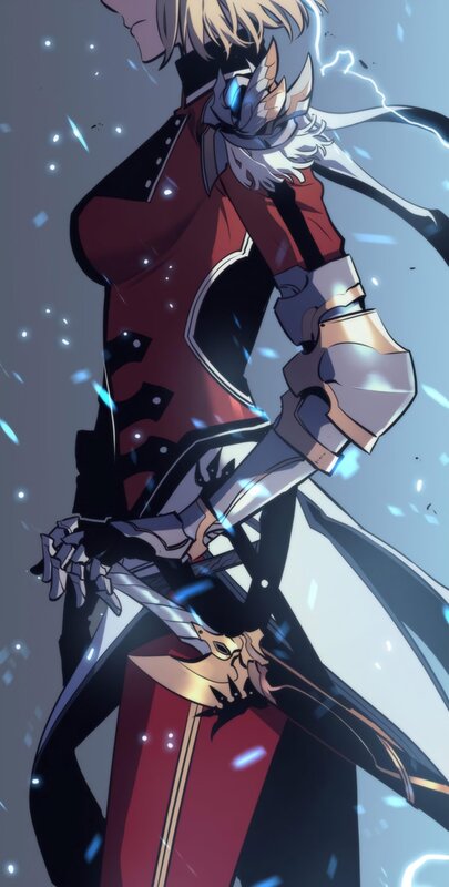 Anime Character with Sword — Red, Dramatic, Digital Art, Armor, Lightning
