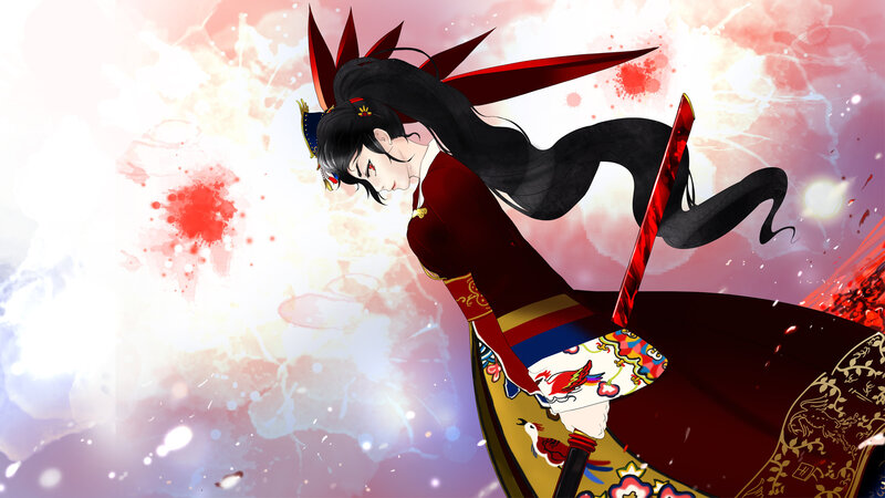 Anime Character with Sword — Red, Dramatic, Digital Art, Blood Splatter