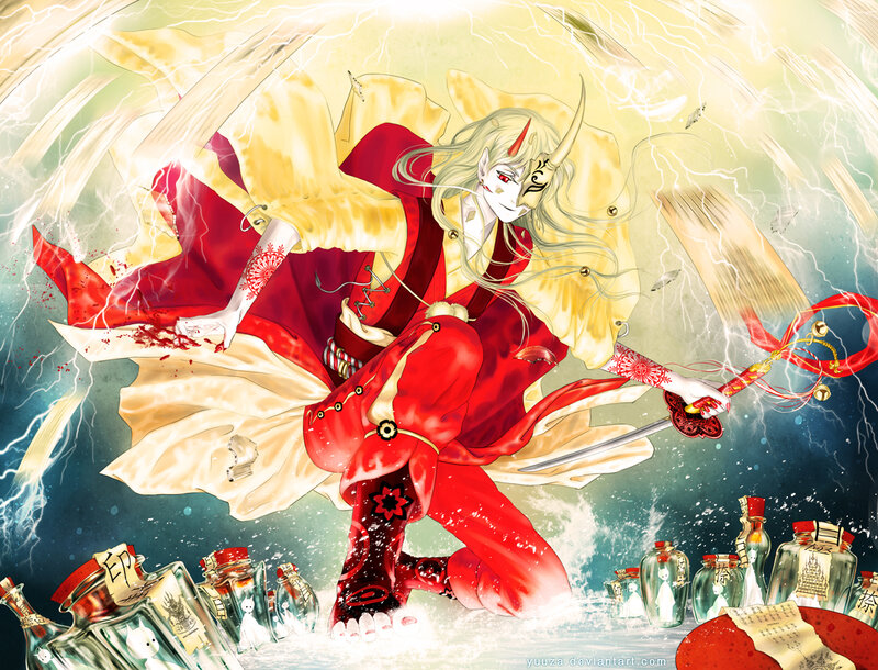 Anime Character with Sword — Red, Dramatic, Digital Art, Bottles