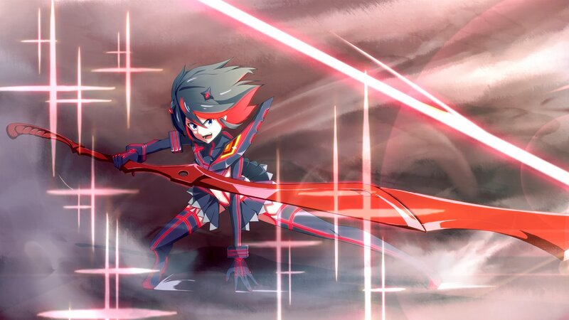 Anime Character with Sword — Red, Dramatic, Digital Art, Energy Beams