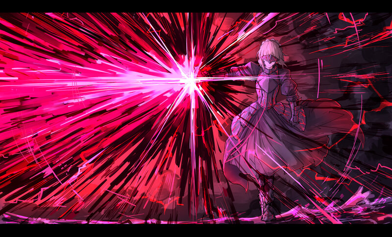 Anime Character with Sword — Red, Dramatic, Digital Art, Energy Blast