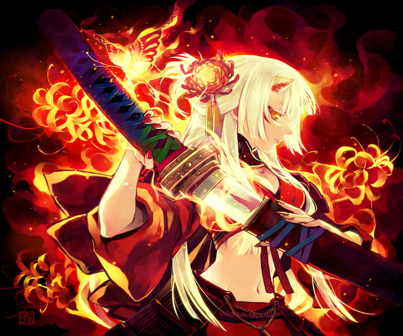 Anime Character with Sword — Red, Dramatic, Digital Art, Fire