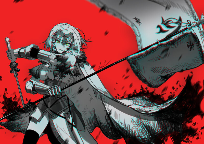 Anime Character with Sword — Red, Dramatic, Digital Art, Flag, Cape