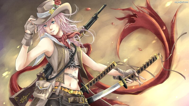Anime Character with Sword — Red, Dramatic, Digital Art, Gun