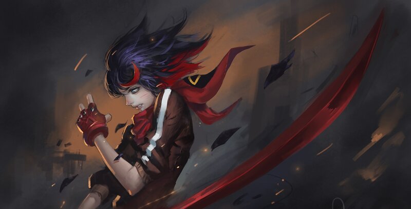 Anime Character with Sword — Red, Dramatic, Digital Art, Hair, Cape