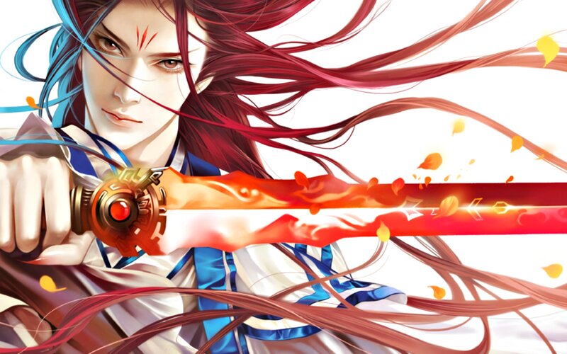 Anime Character with Sword — Red, Dramatic, Digital Art, Hair