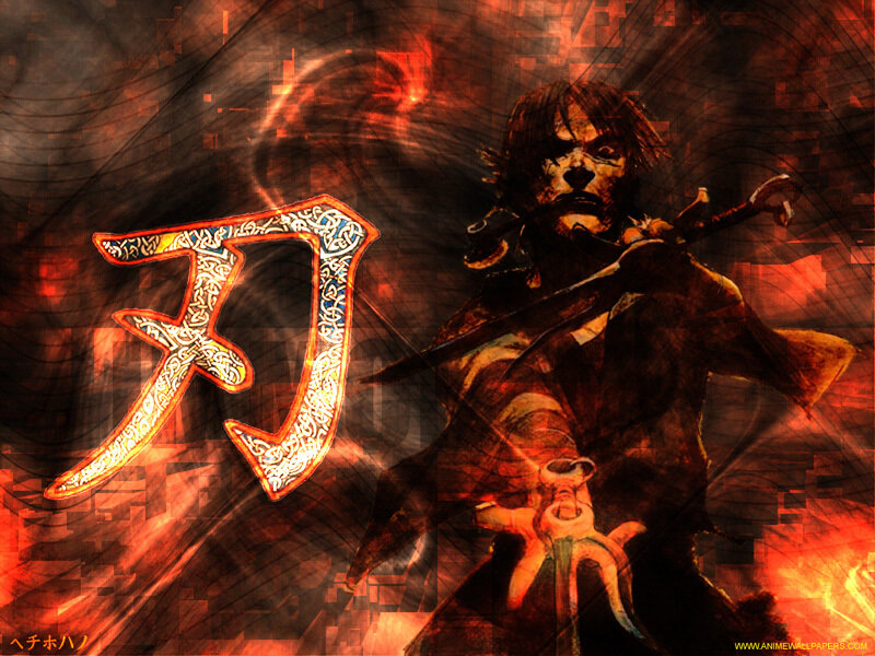 Anime Character with Sword — Red, Dramatic, Digital Art, Kanji