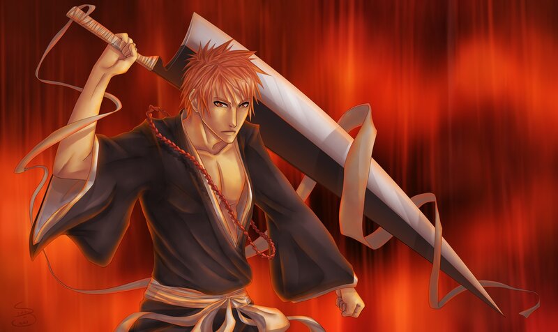 Anime Character with Sword — Red, Dramatic, Digital Art, Kimono, Red Background