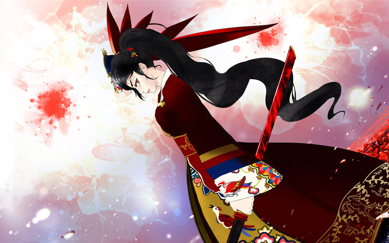 Anime Character with Sword — Red, Dramatic, Digital Art, Long Hair, Traditional Clothing