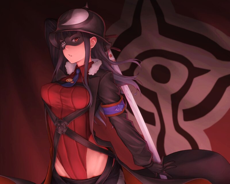 Anime Character with Sword — Red, Dramatic, Digital Art, Mask, Cape